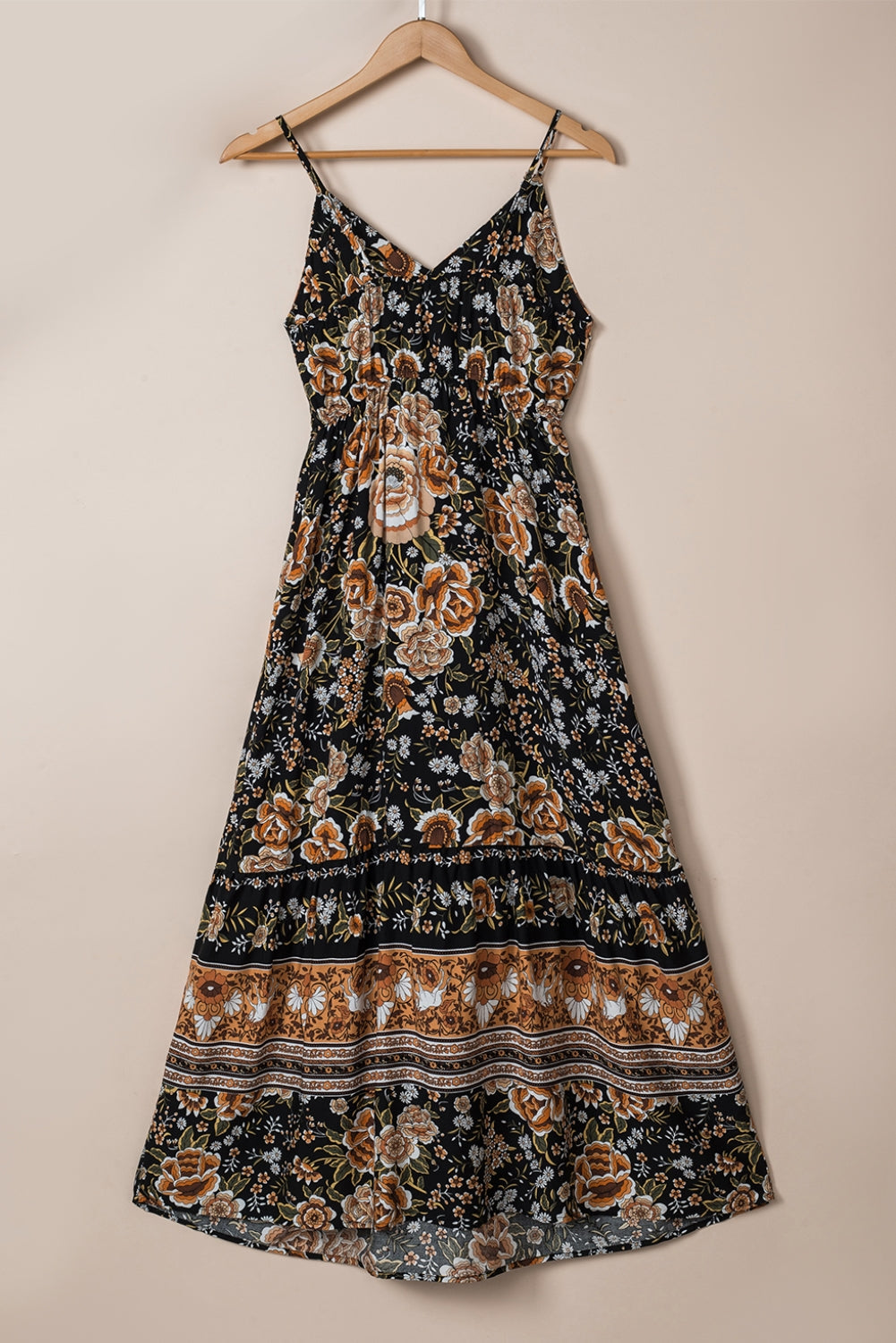 Black Retro Boho Floral Tassel Tie Maxi Dress