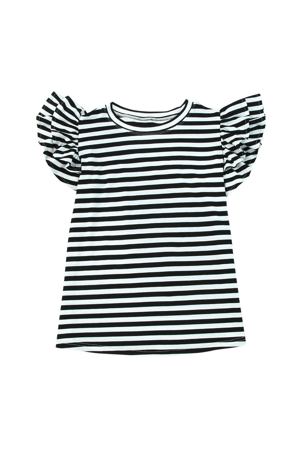 White Stripe Print Tiered Ruffled Sleeve Tee