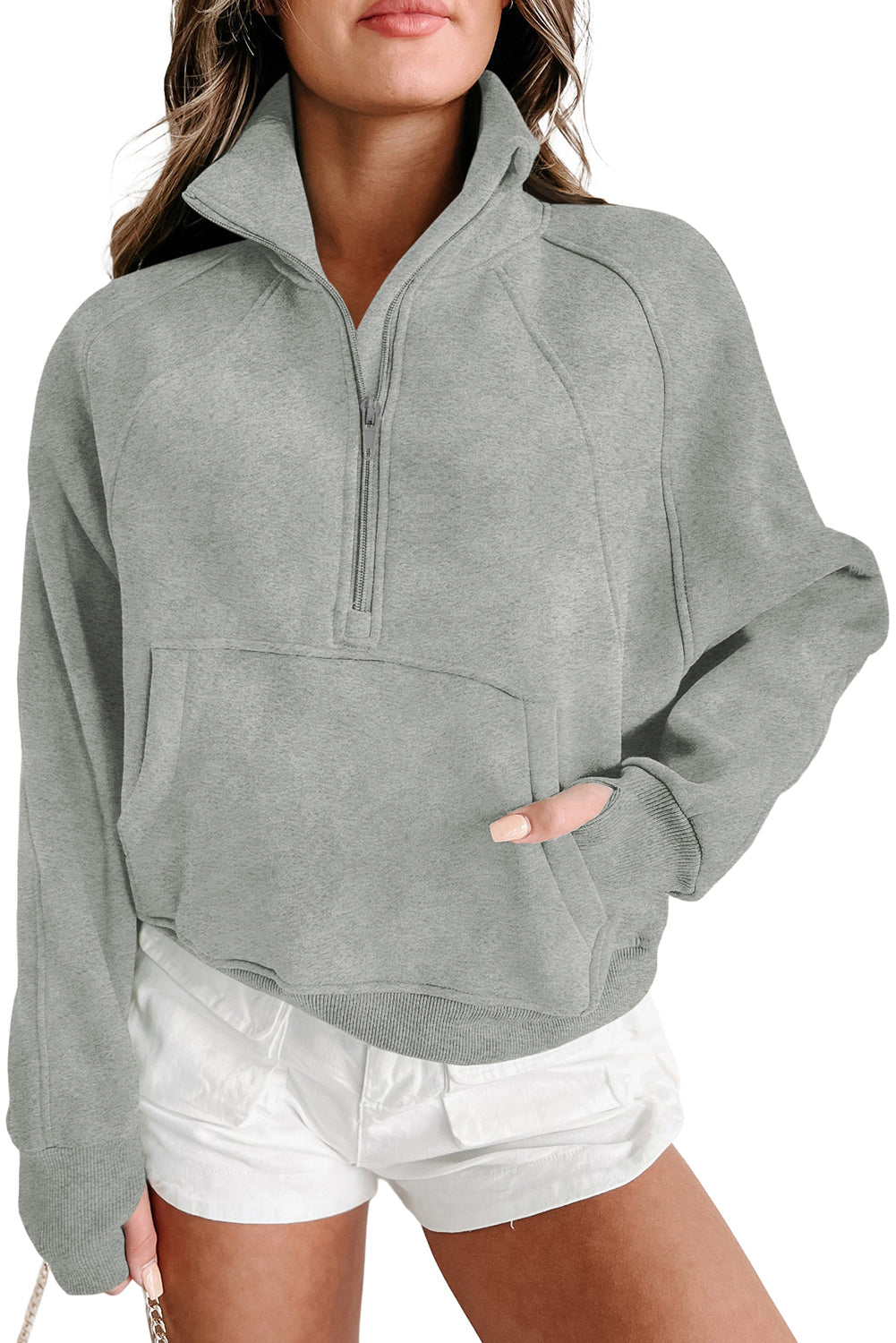 Green Zip Up Stand Collar Ribbed Thumbhole Sleeve Sweatshirt