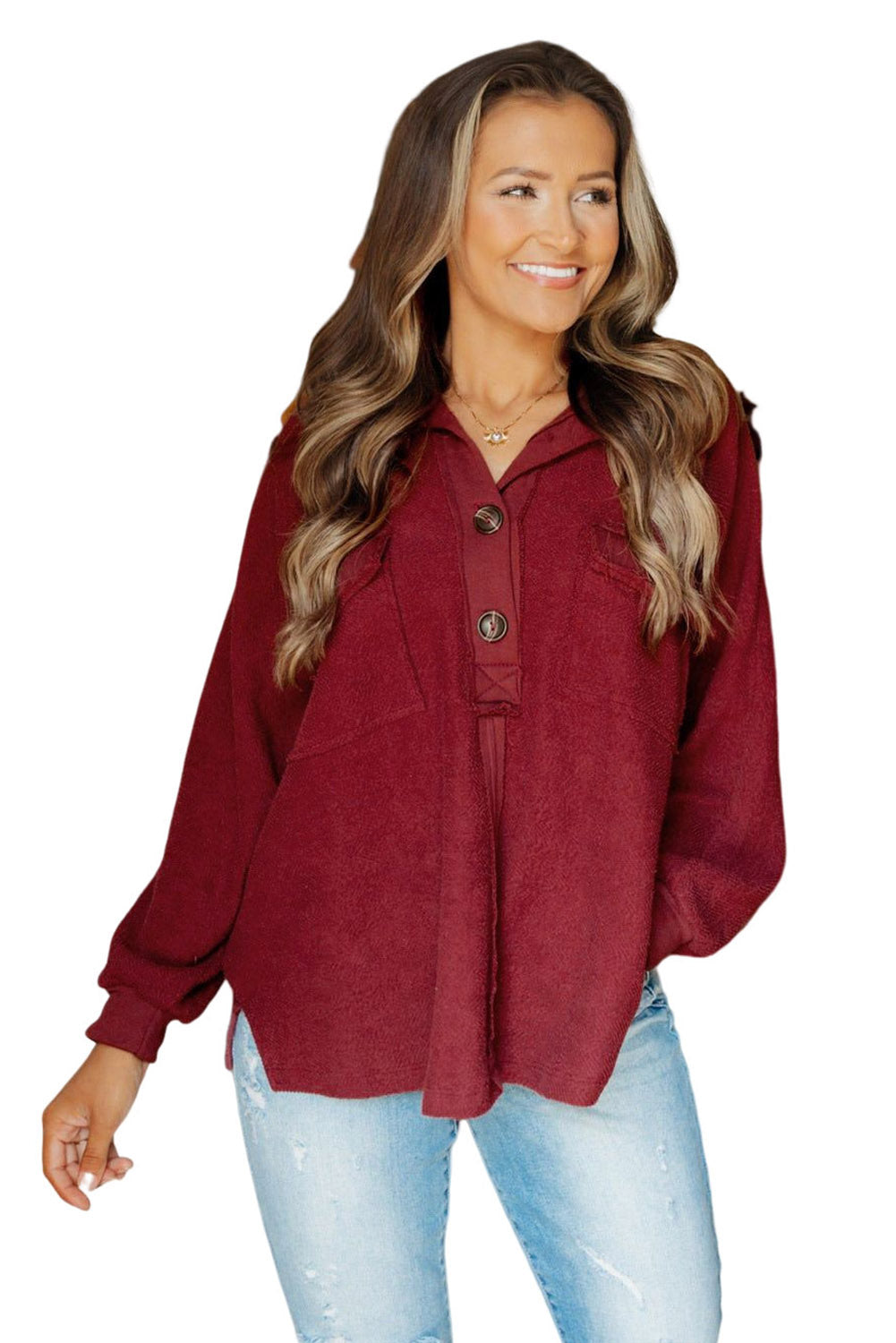 Black Polo Collar Buttoned Patchy Top with Pockets