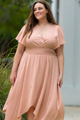 Pink Wrap V Neck Plus Size Handkerchief Dress