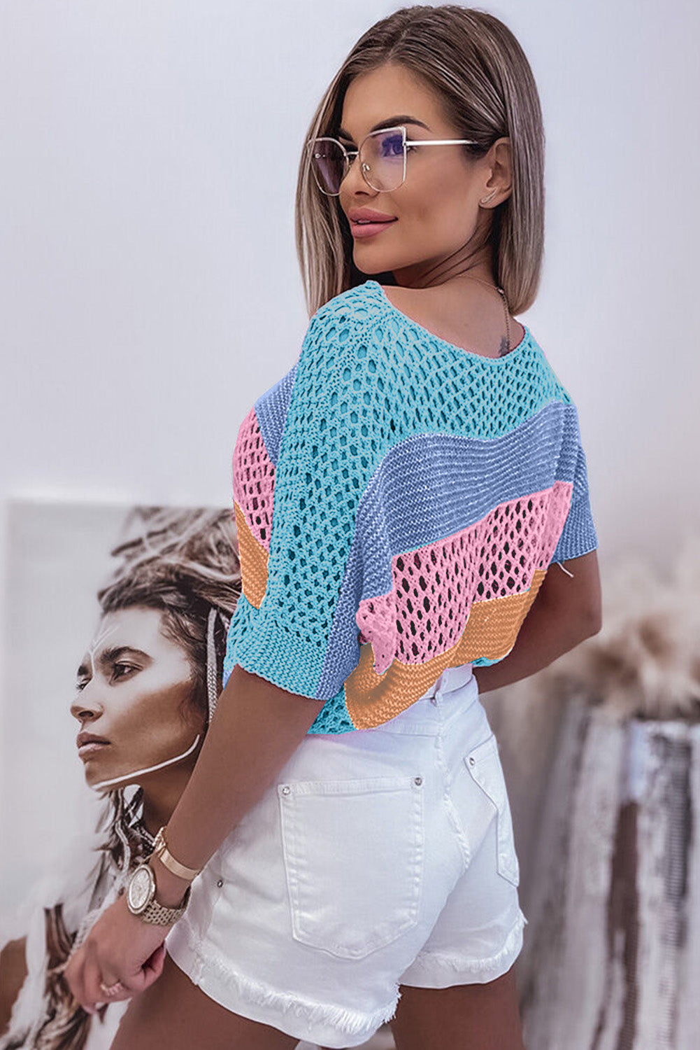 Sky Blue Knitted Eyelet Colorblock Striped Half Sleeves Top