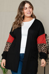 Black Leopard Color Block Sleeve Plus Size Cardigan