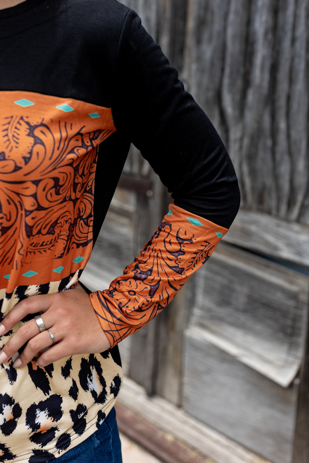 Black Leopard Tribal Print Splicing Long Sleeve Top