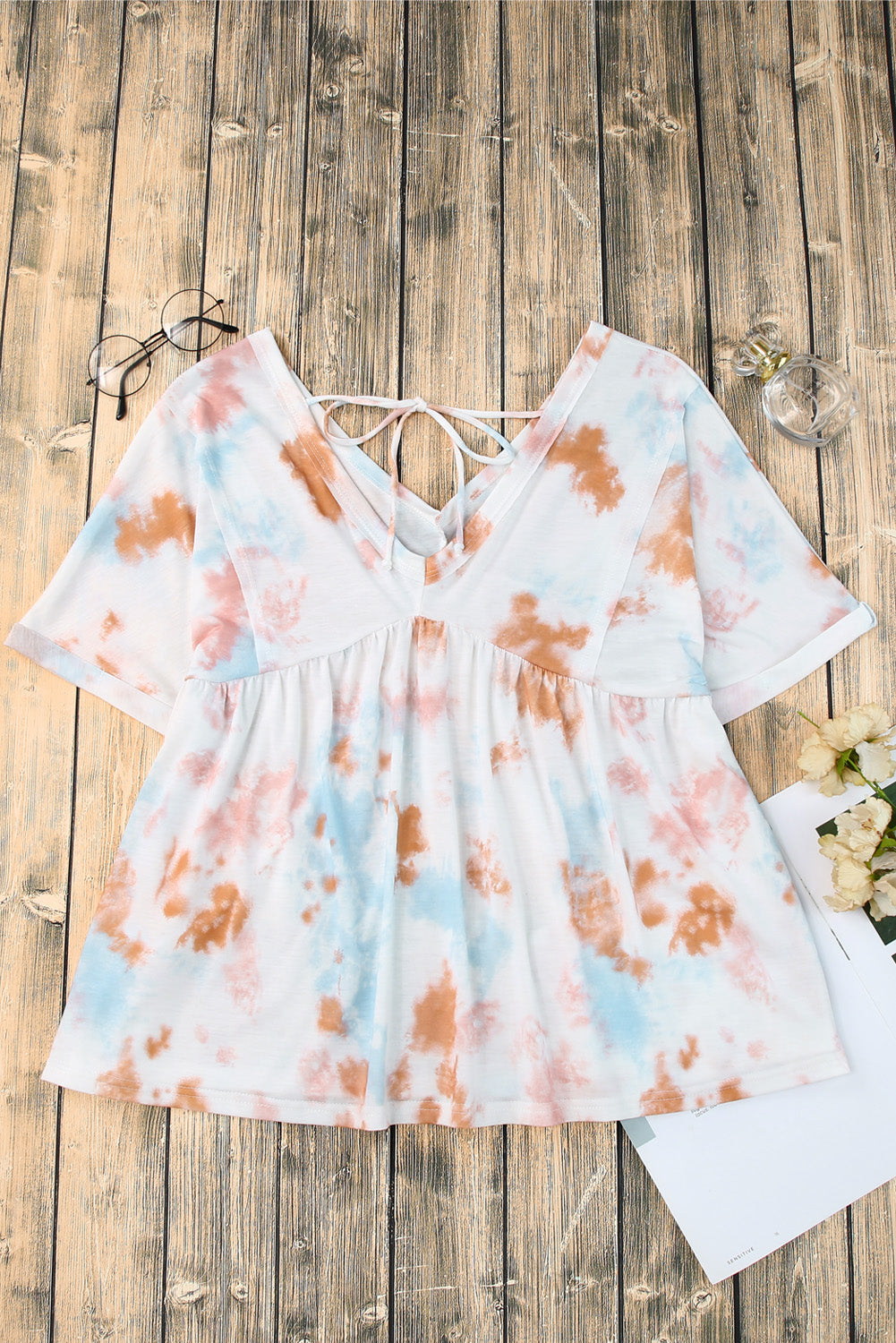 White Tie Dye Flowy Short Sleeve Top