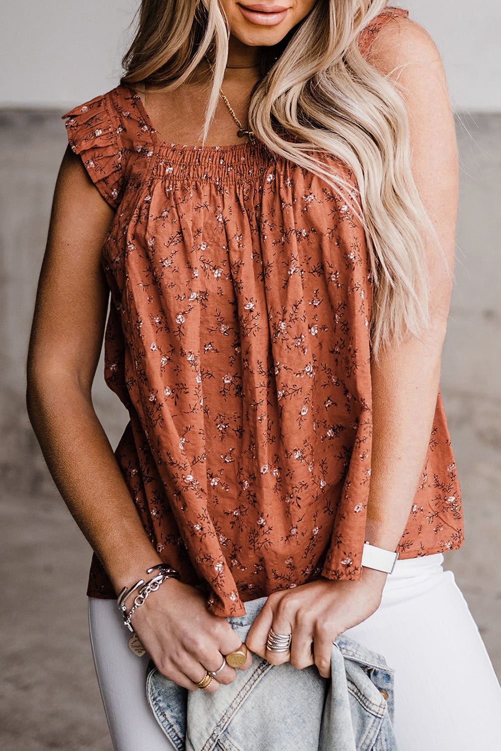 Sky Blue Floral Print Smocked Flounce Sleeveless Top