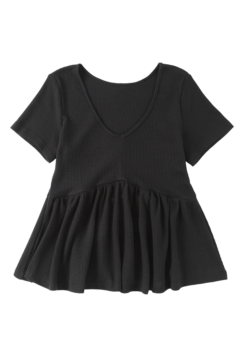 Black Short Sleeve Waffle Knit Peplum Top