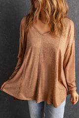 Brown Seamed Loose Fit V Neck Long Sleeve Top