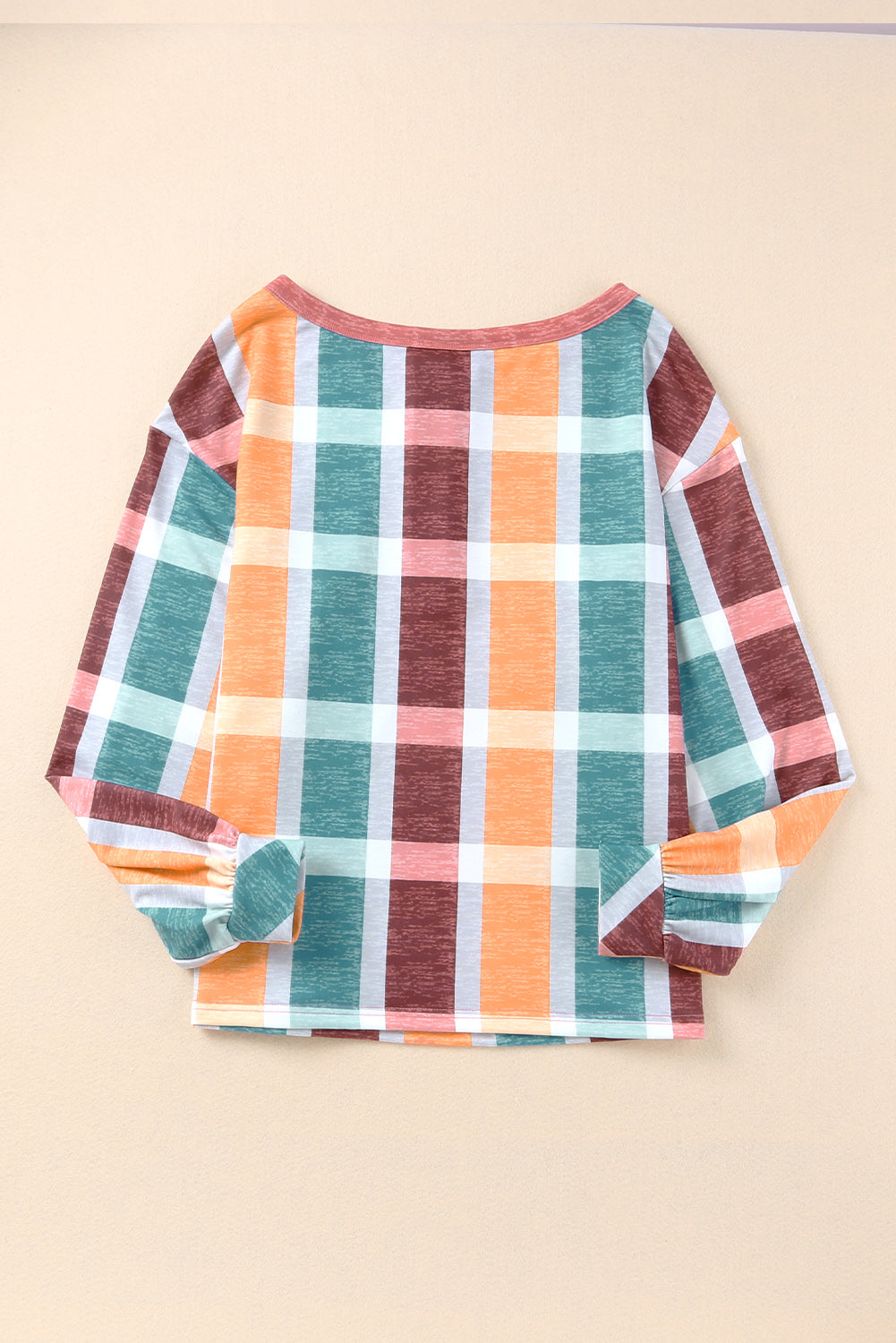 Orange Plaid Print Buttons Long Sleeve Top