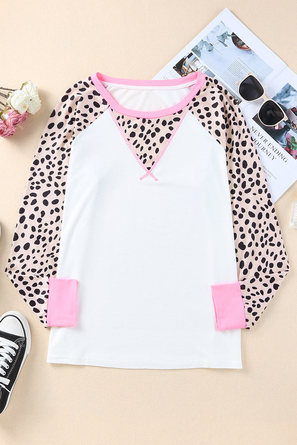 White Leopard Patchwork Long Sleeve Plus Size Top