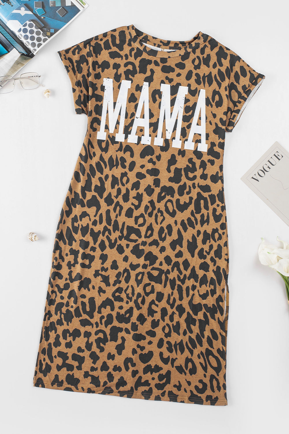 Leopard MAMA Letter Print Slit T-Shirt Dress