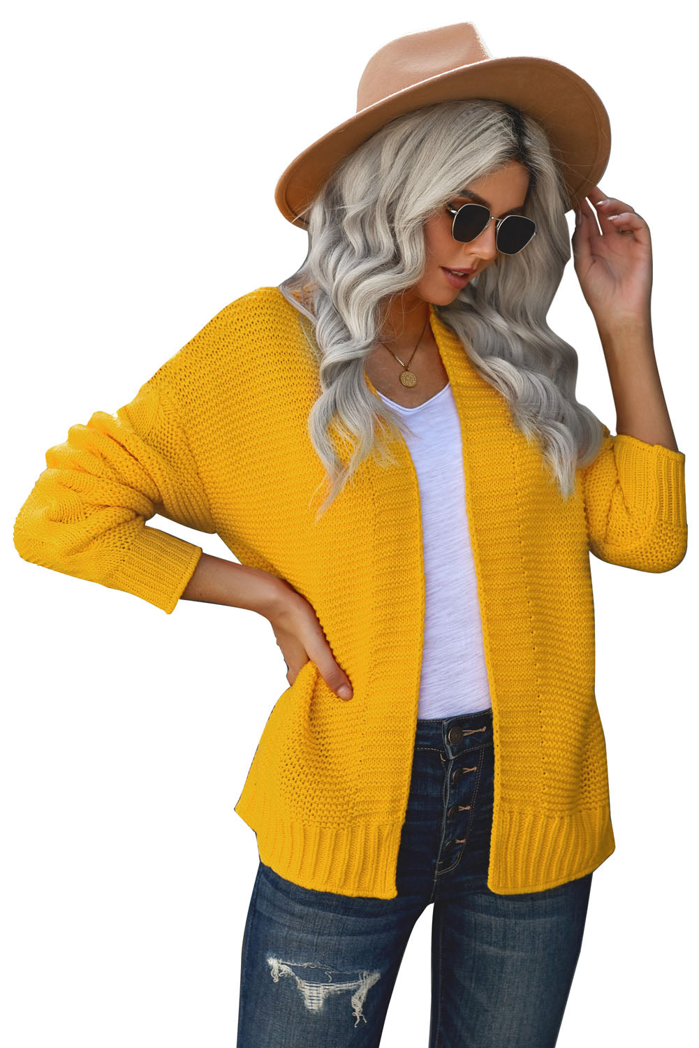 Yellow Open Front Chunky Knit Cardigan