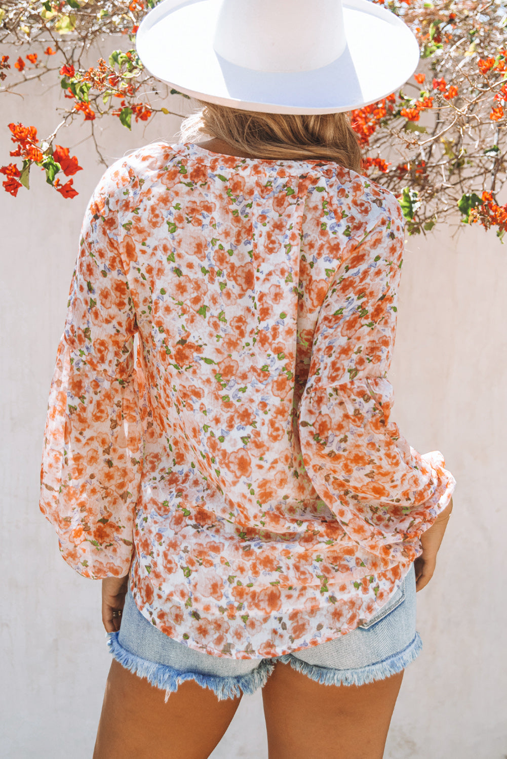 Green Floral Print V Neck Long Puff Sleeve Top