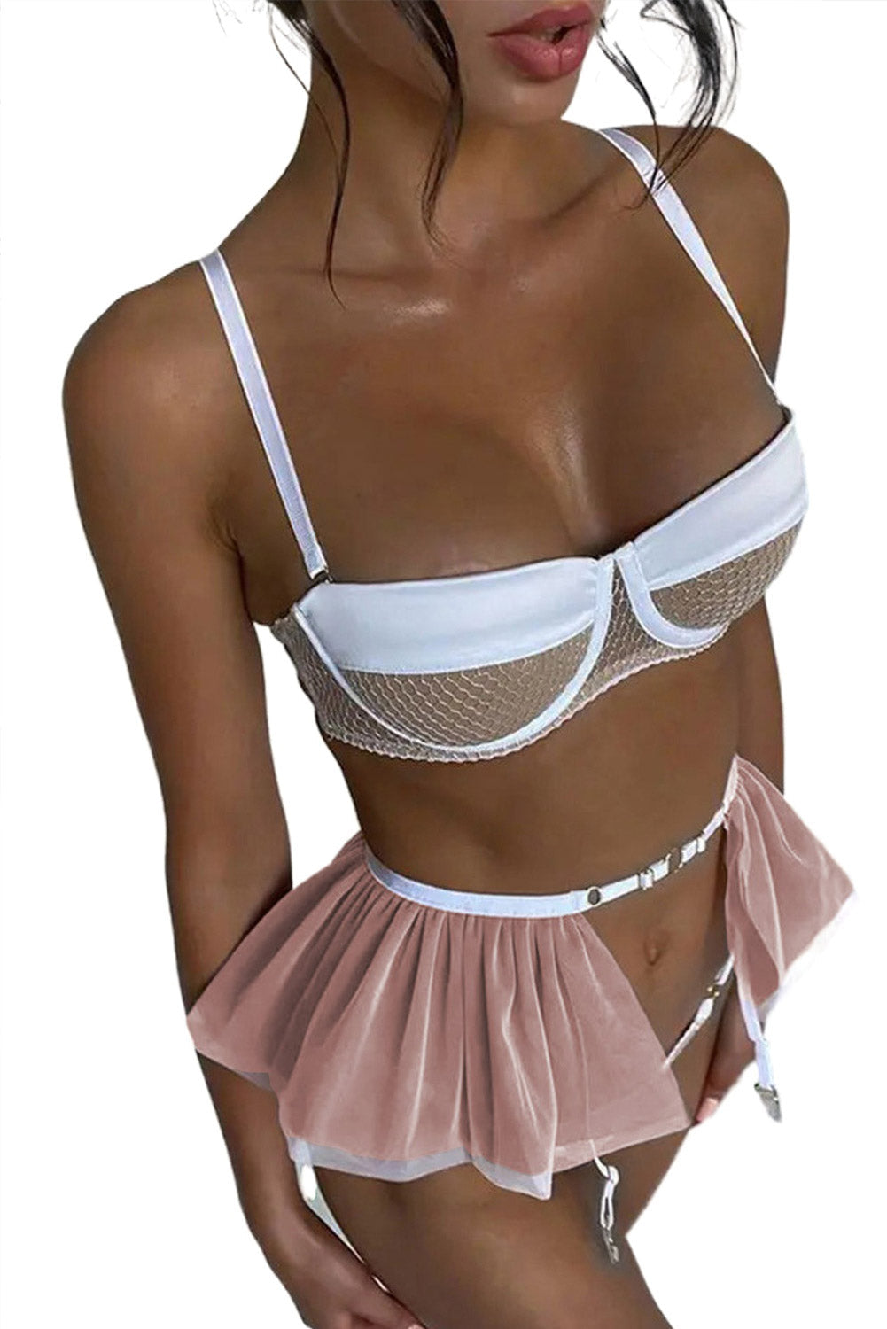 White Half Mesh Cups Tulle Ruffle Garter 3pcs Lingerie Set