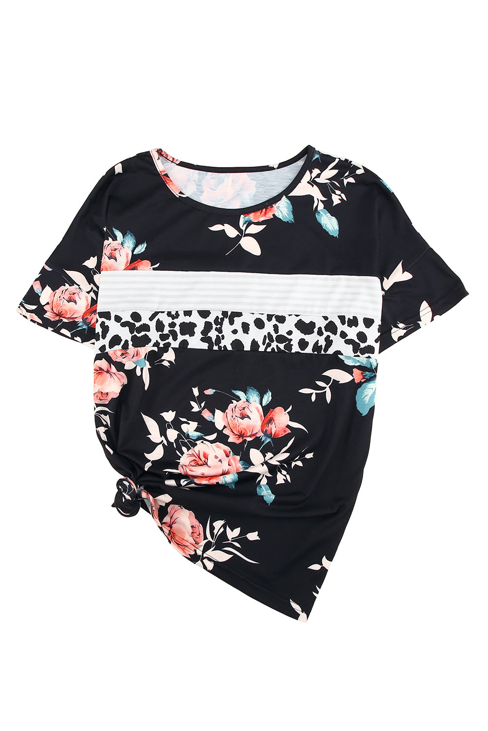 Black Leopard Striped Floral T Shirt