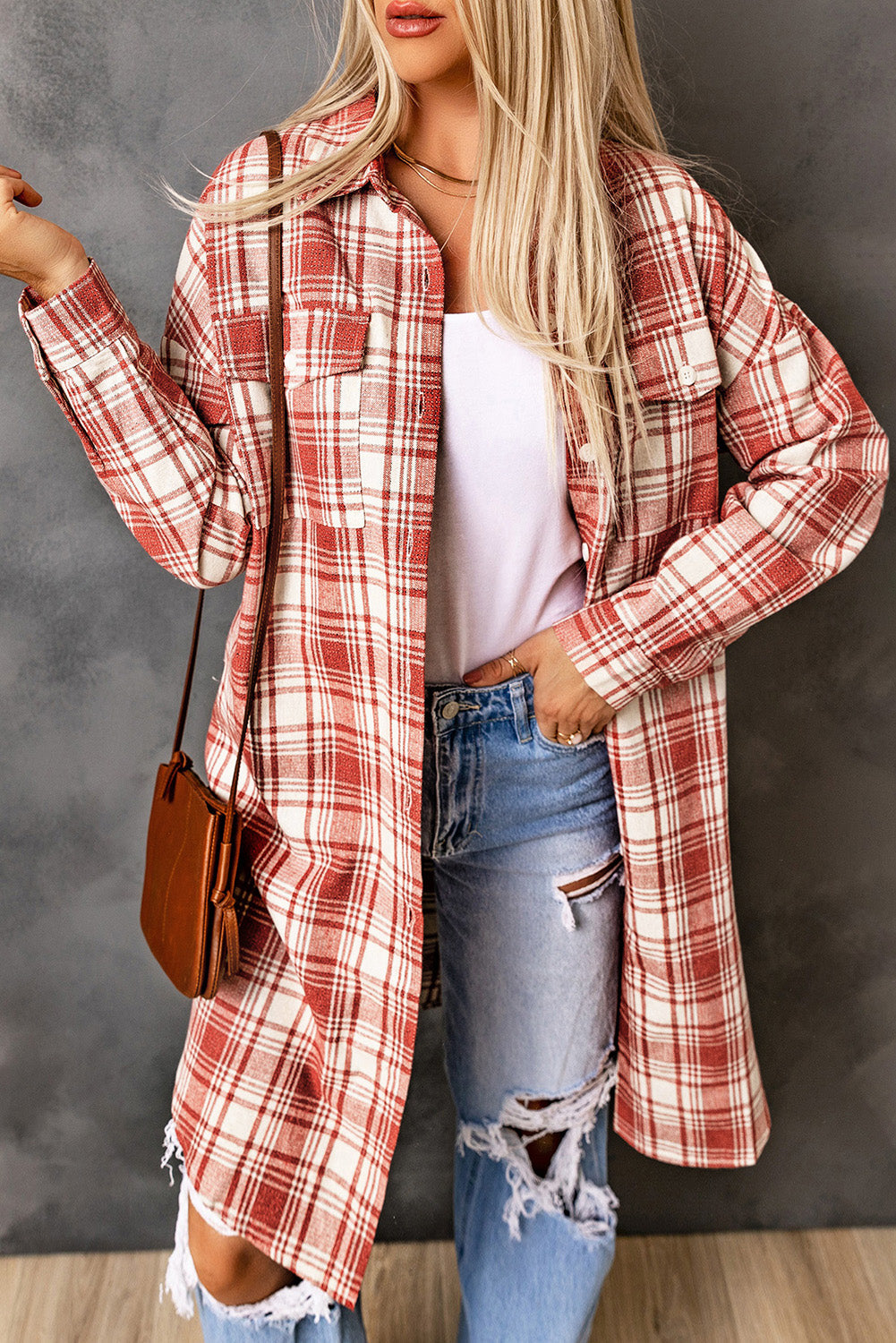 Red Plaid Print Button Long Shacket