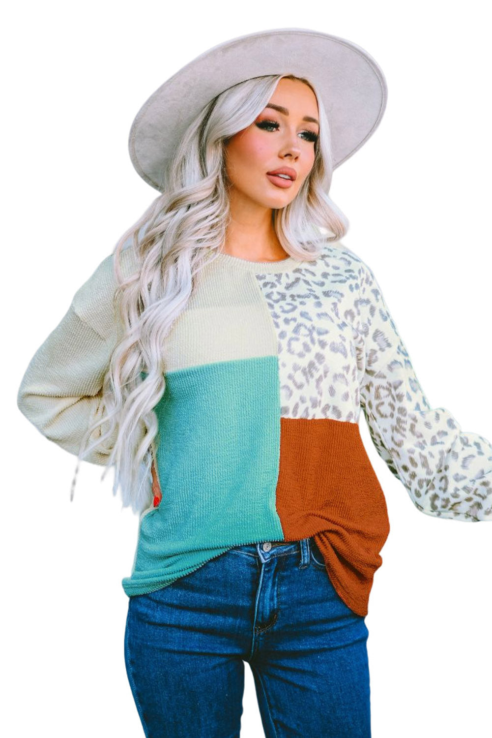 Rose Leopard Patchwork Color Block Ribbed Long Sleeve Top