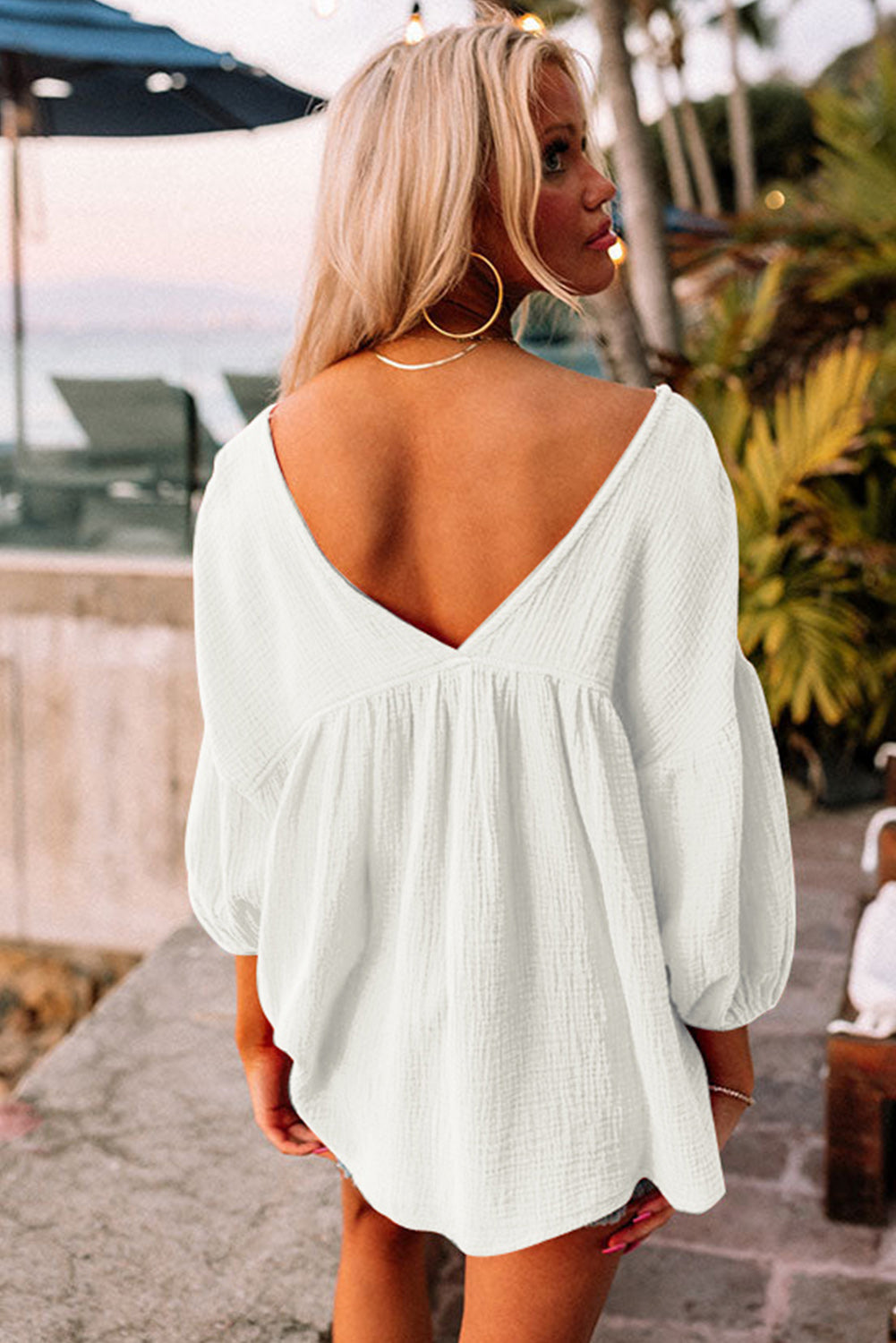 Green Textured V Neck Bracelet Sleeve Babydoll Blouse