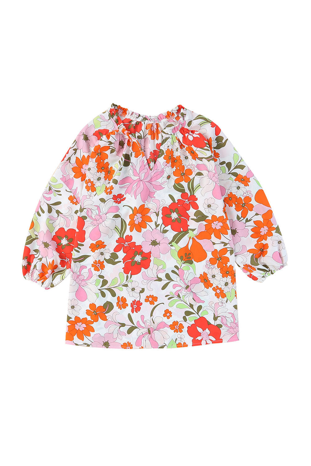 Orange Blooming Flowers Frill Trim Puff Sleeve Blouse