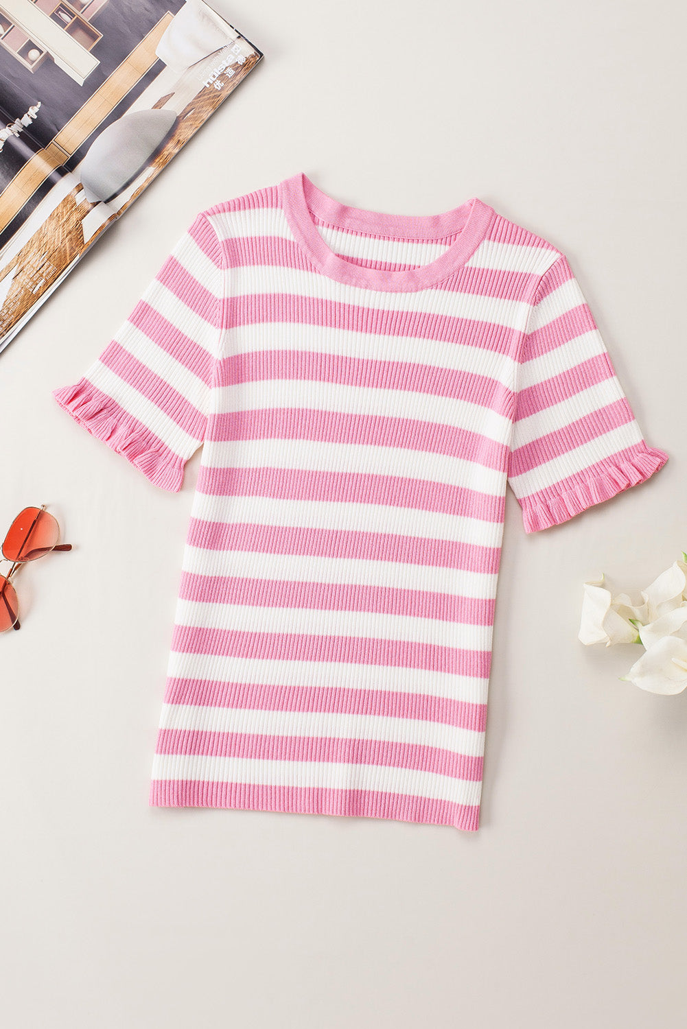 Pink Striped Ruffled Short Sleeve O-neck Knit Sweater Top