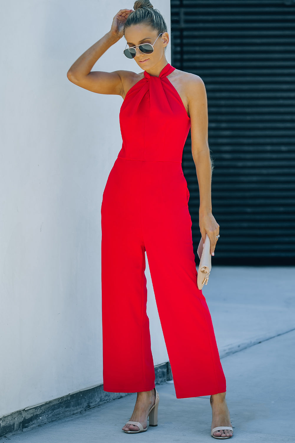 Red Halter Neck Sleeveless Wide Leg Jumpsuit