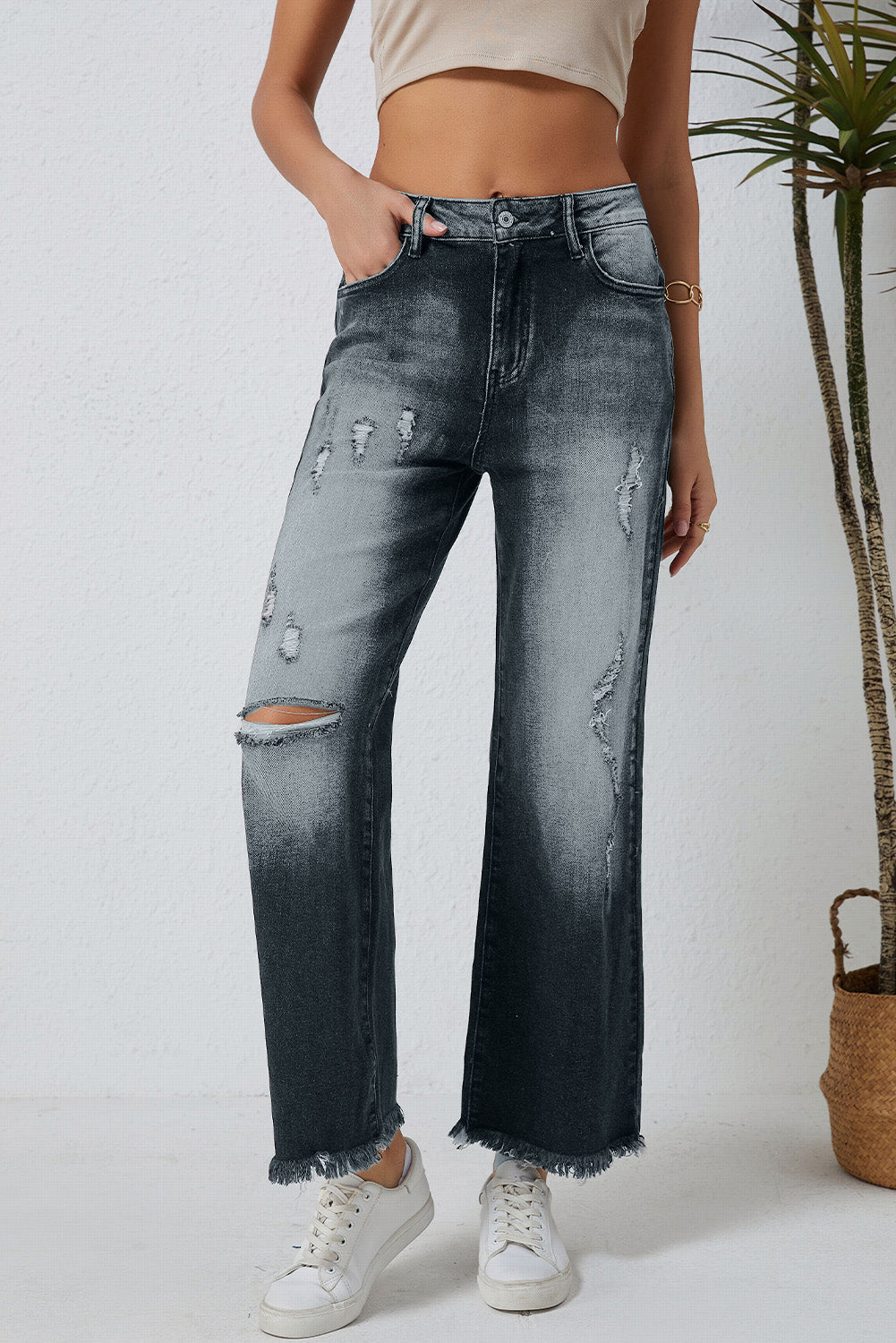 Gray Vintage Distressed Wide Leg Jeans