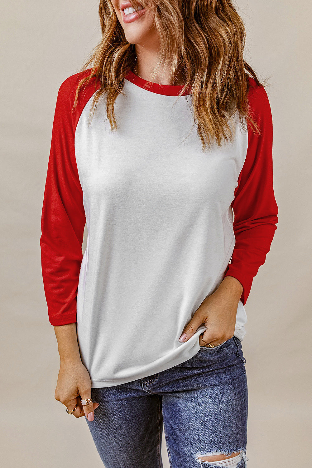 Red Color Block Raglan Sleeve Pullover Top