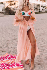 Pink Ruffle Half Sleeve Tie Front Flowy Beach Cover Up