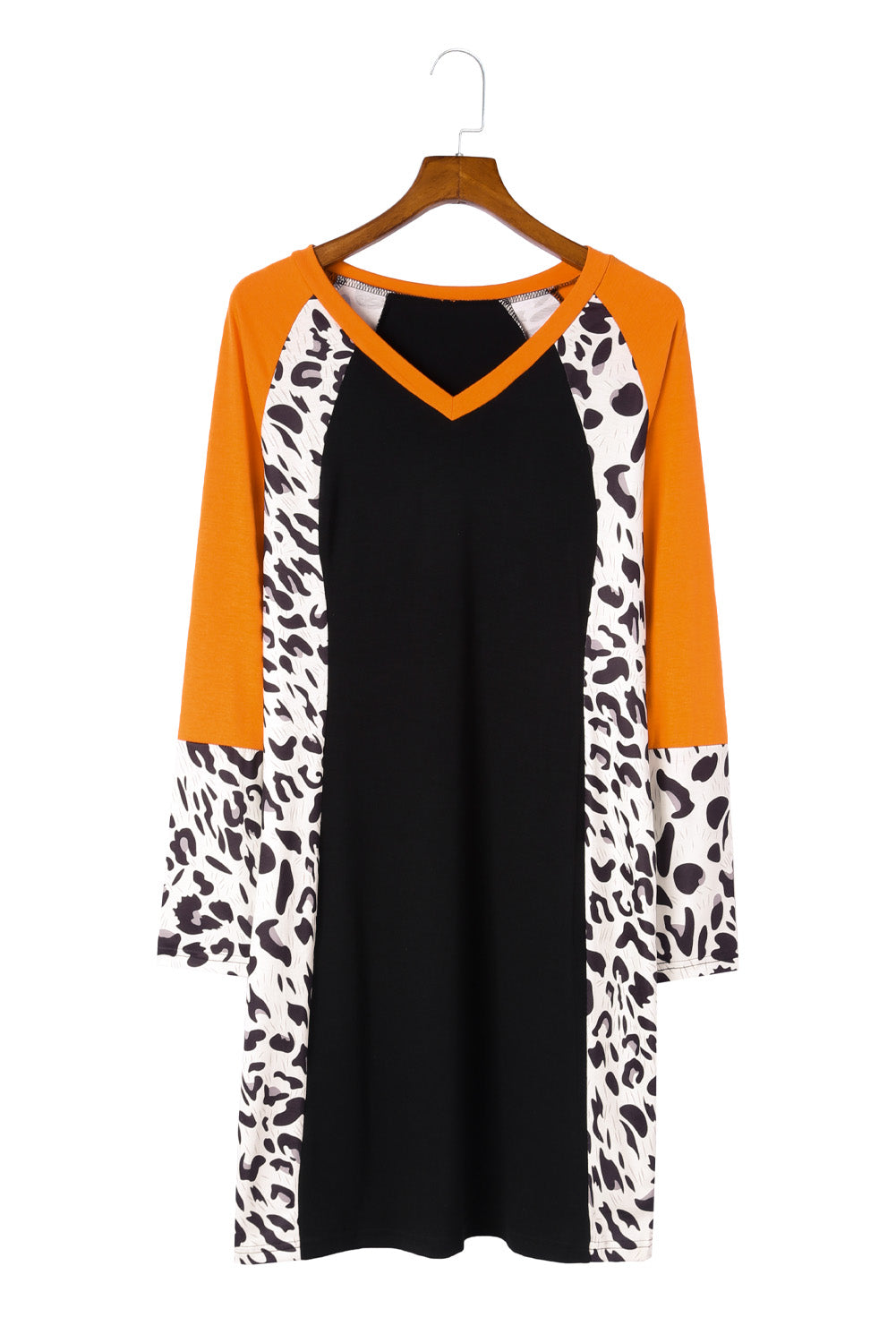 Black Leopard Color Block V-Neck Mini Dress