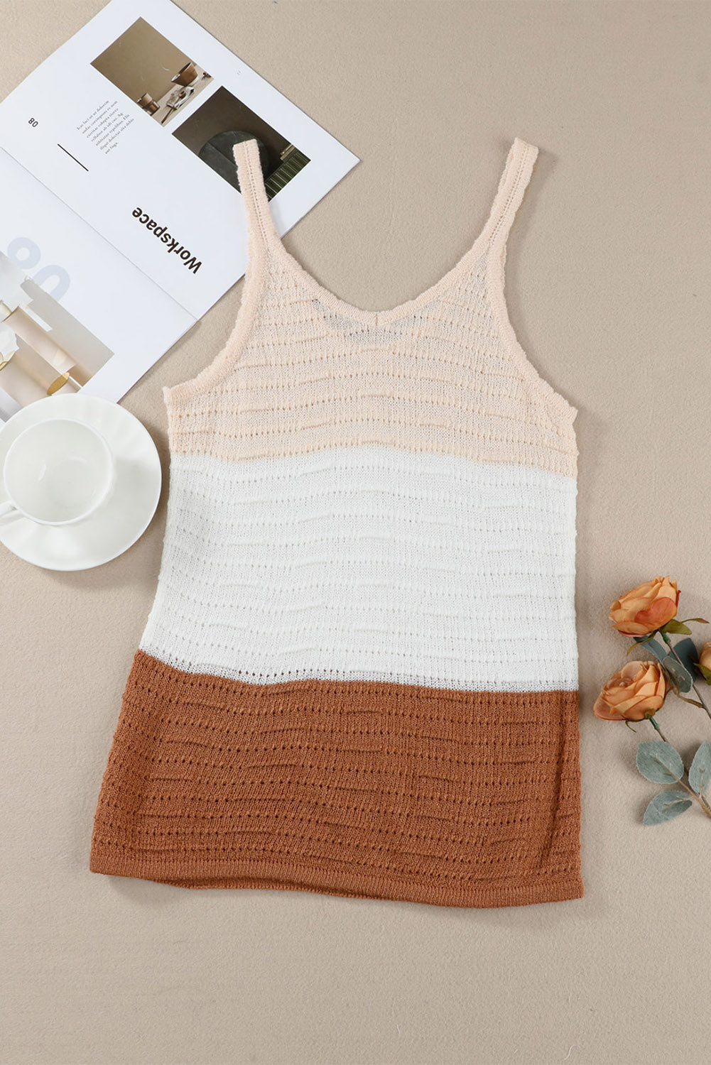 Khaki Striped Knit Color Block Tank Top