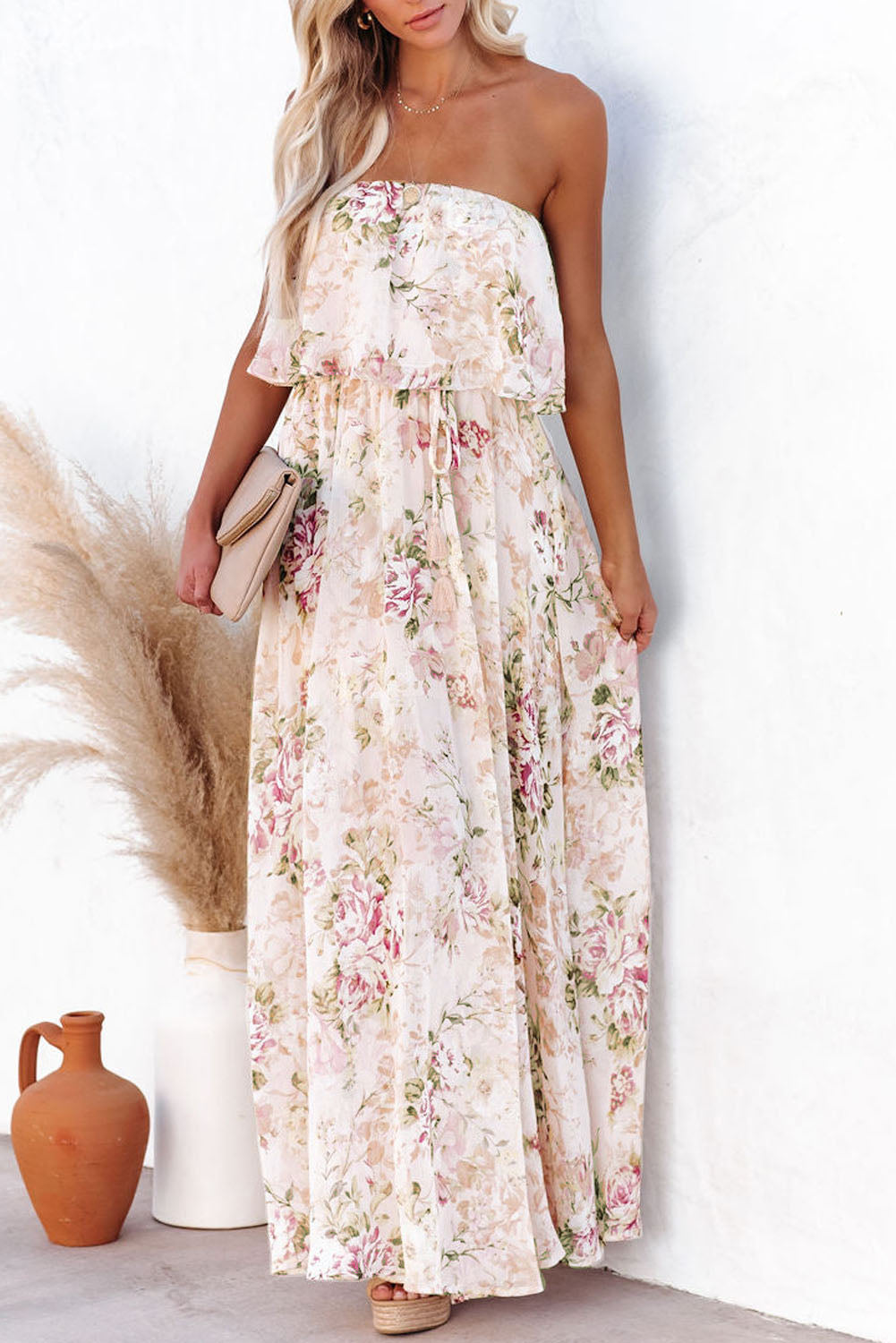 Pink Floral Print Strapless Tube Top Maxi Dress