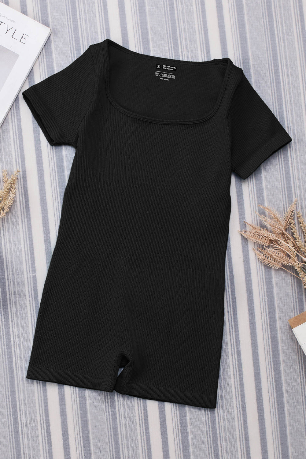 Black Ribbed Square Neck Short Sleeve Athleisure Romper