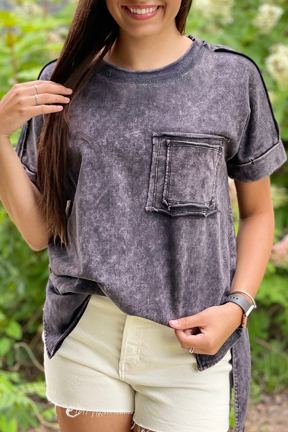 Gray Vintage Mineral Wash Pocketed Tee with Slits