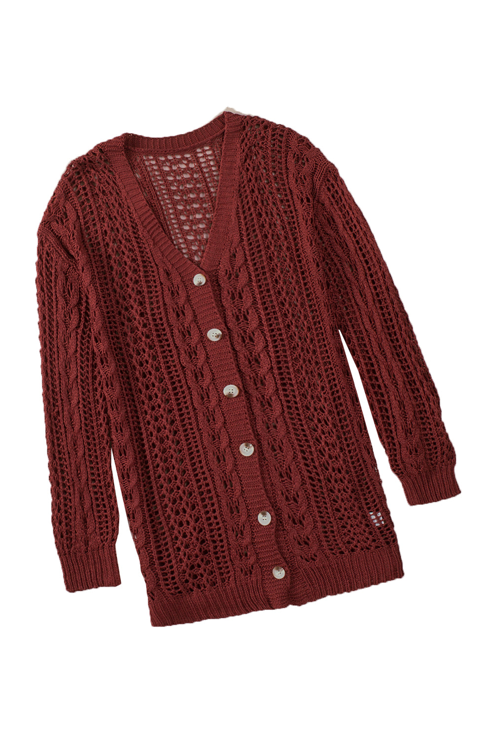 Wine Red Drop Sleeve Crochet Knit Cardigan