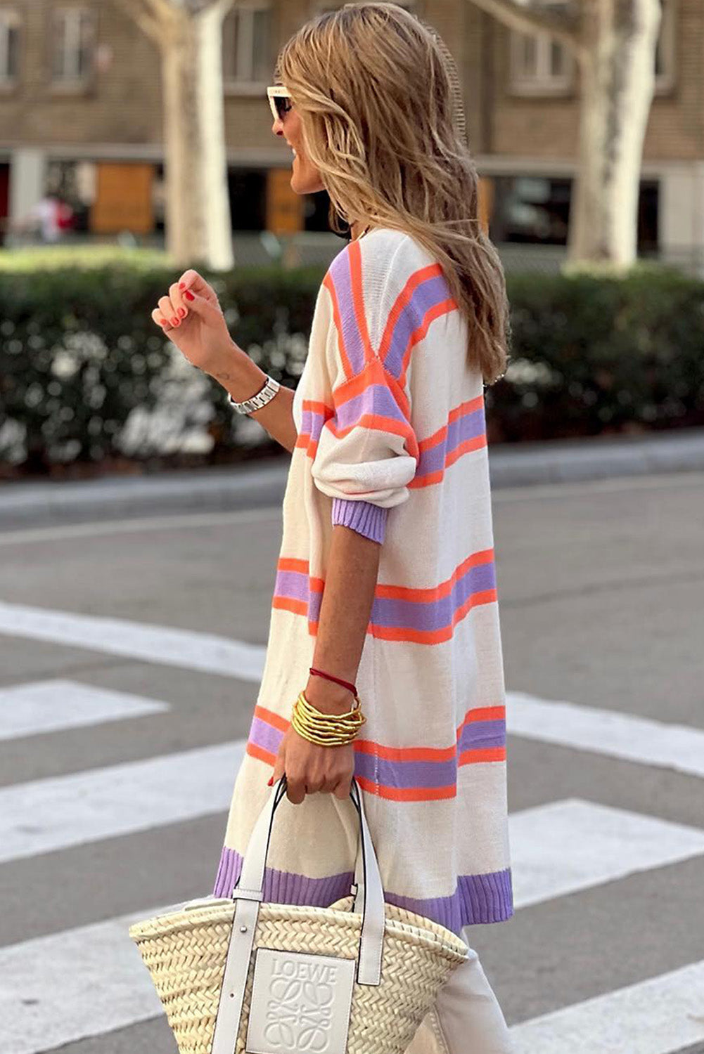 Beige Striped Long Sleeve Ribbed Trim Button Cardigan