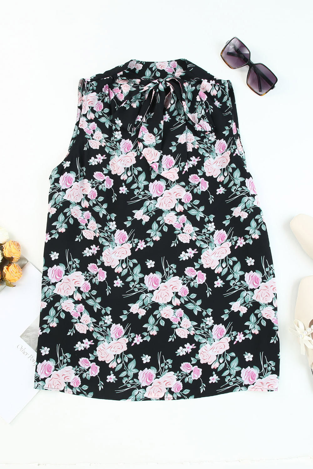 Black Plus Size Floral Print Ribbon V Neck Tank Top