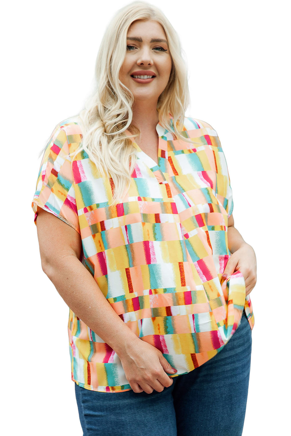 Yellow Geometric Print V Neck Plus Size T Shirt