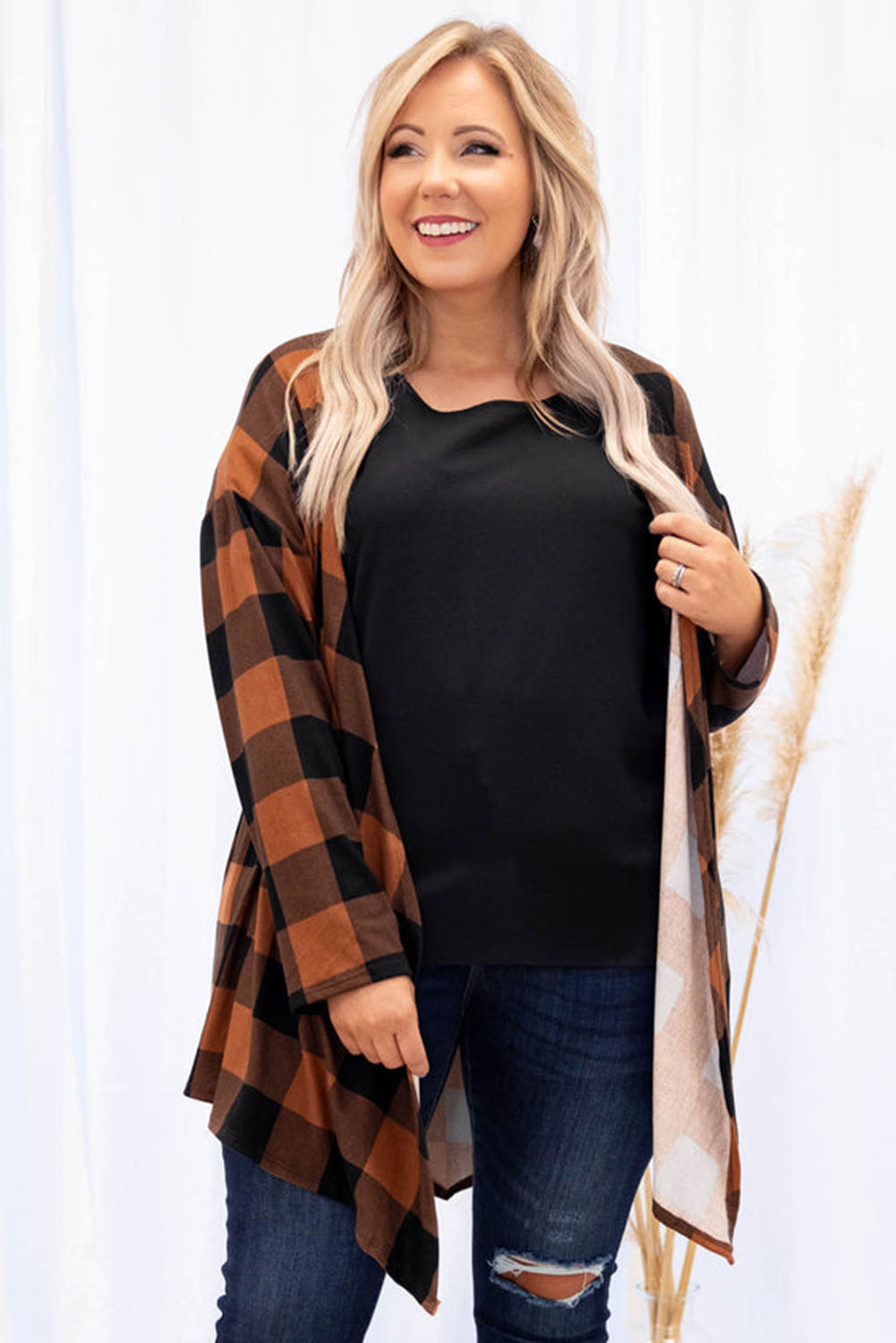 Brown Plus Size Plaid Pattern Open Front Cardigan