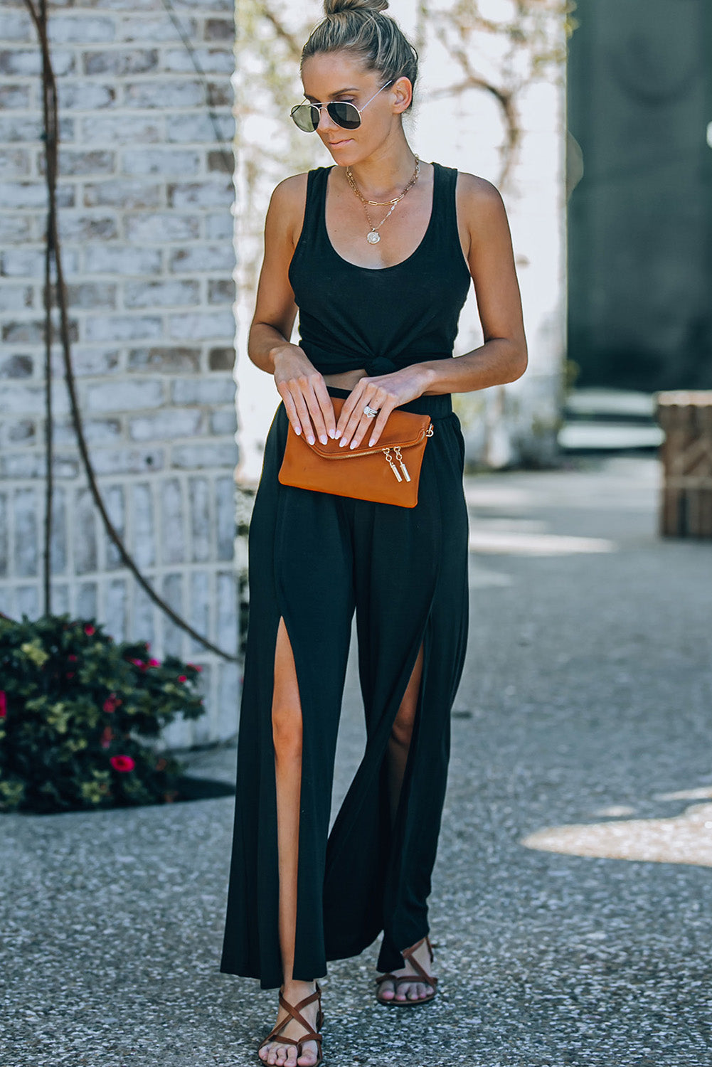 Black Side Slit Wide Leg Mid Waist Pants