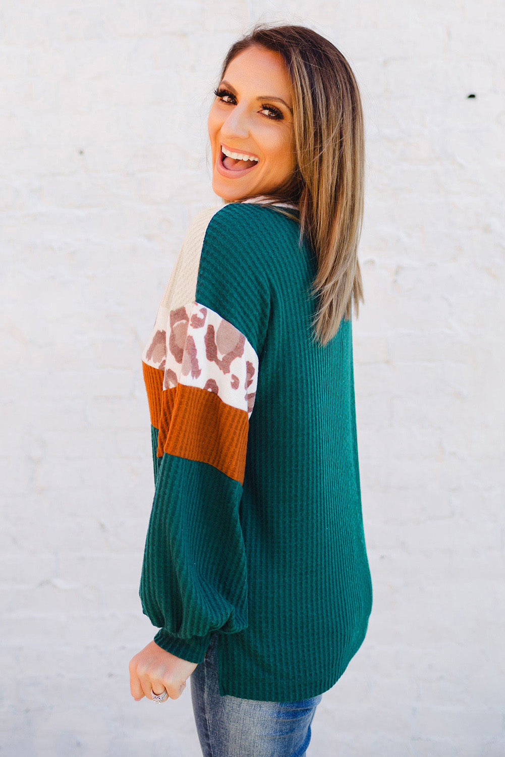 Green Leopard Color Block Waffle Knit Top