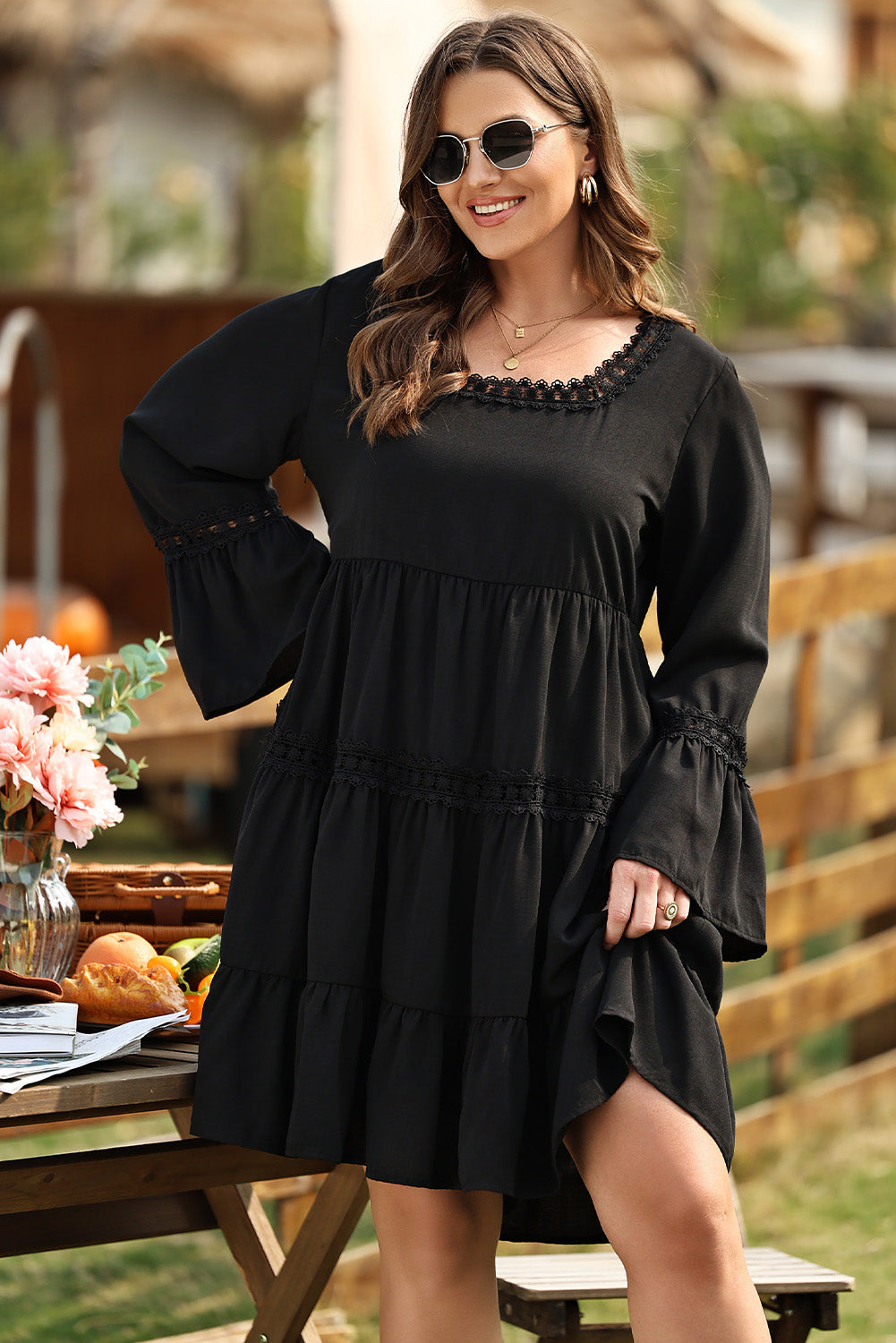 Black Lace Trim Tie Back Plus Size Tiered Swing Dress