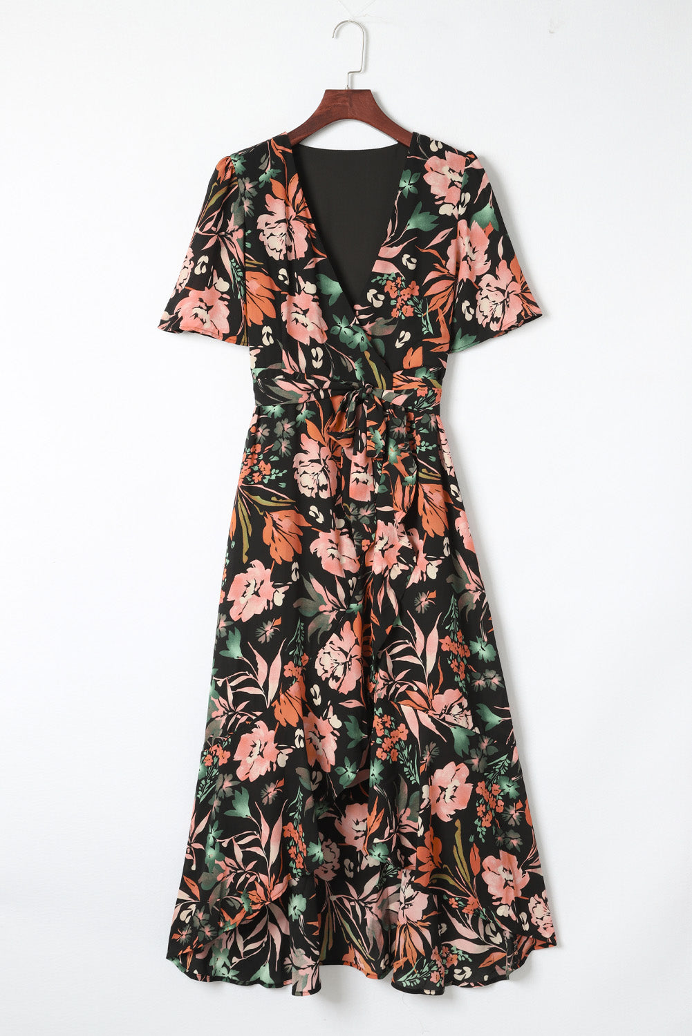 Black Floral Print Knotted Wrapped V Neck Maxi Dress