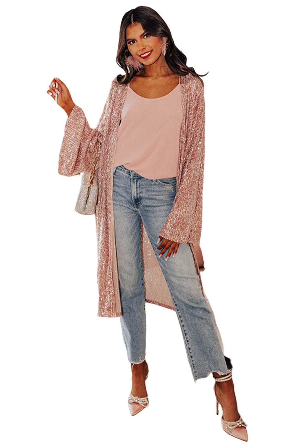 Pink Flare Sleeve Open Front Sequin Kimono