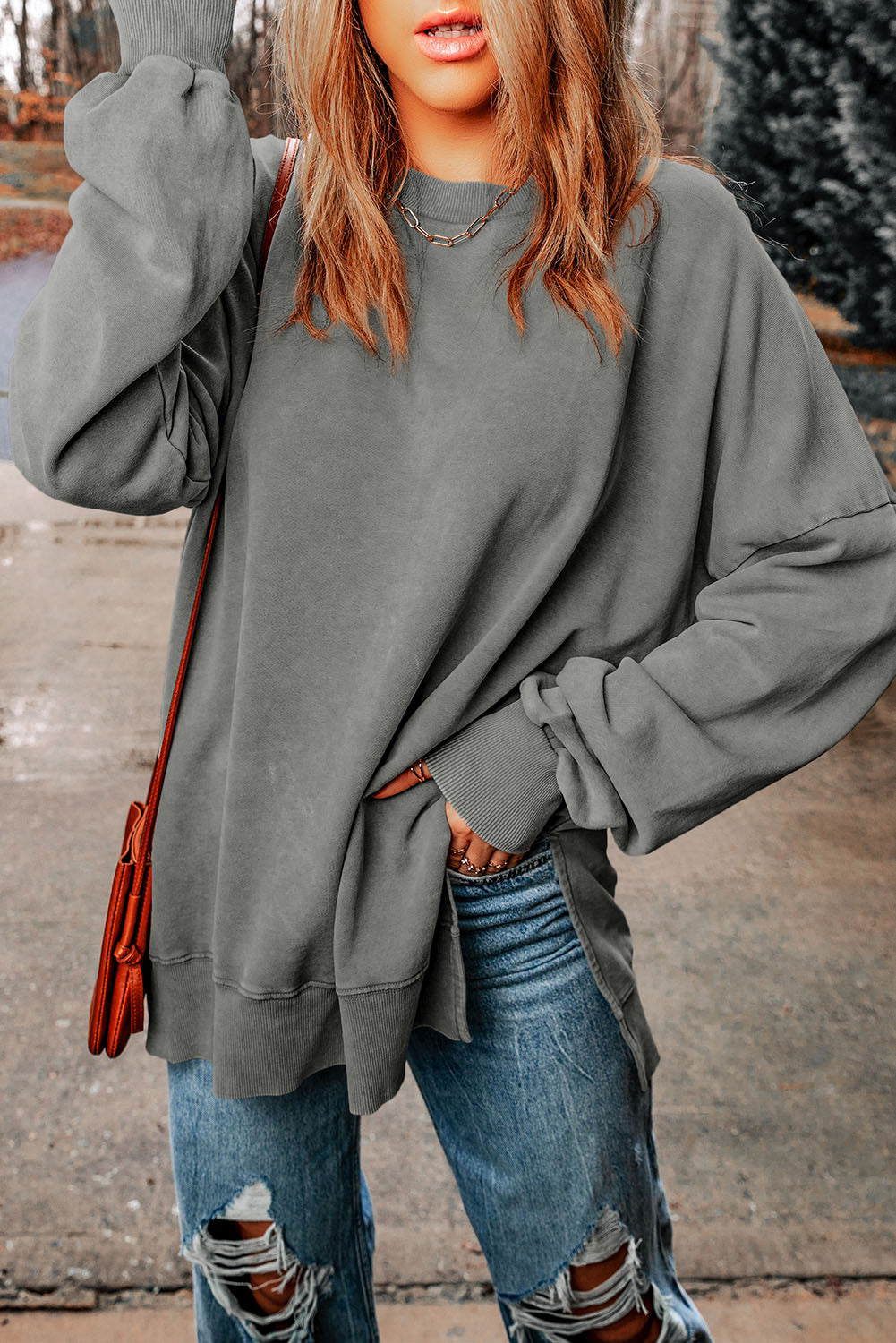 Khaki Drop Shoulder Ribbed Trim Oversized Sweatshirt