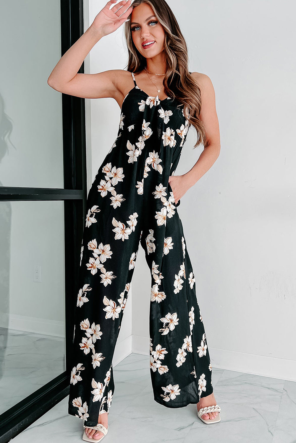 Black Tie Decor V Neck Floral Wide Leg Jumpsuit