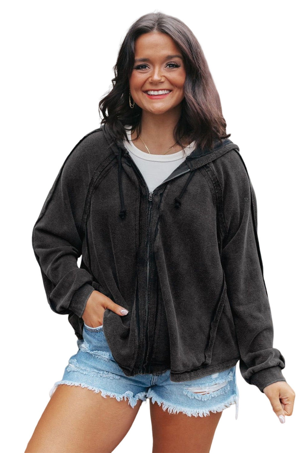 Sky Blue Solid Color Oversized Zip Up Hoodie with Pockets