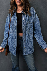 Sky Blue Oversized Leopard Denim Jacket with Pockets