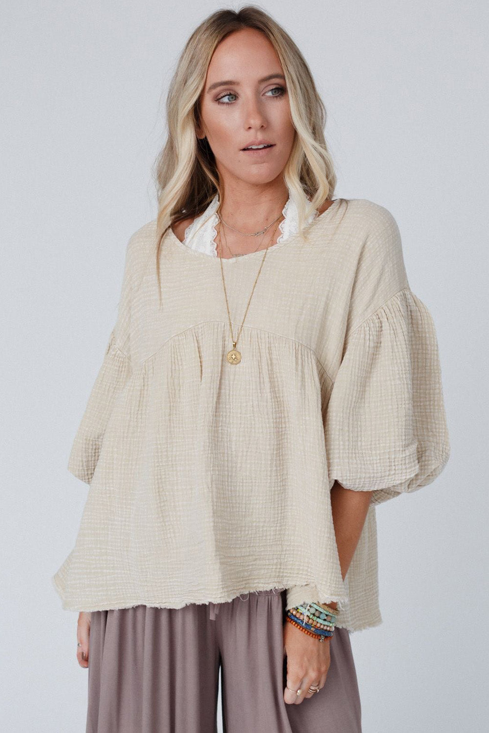 Beige Textured Bubble Sleeves Top