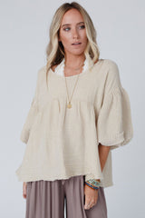 Beige Textured Bubble Sleeves Top