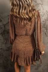 Coffee Leavy Print Long Sleeve Cinched Waist Ruffled Dress